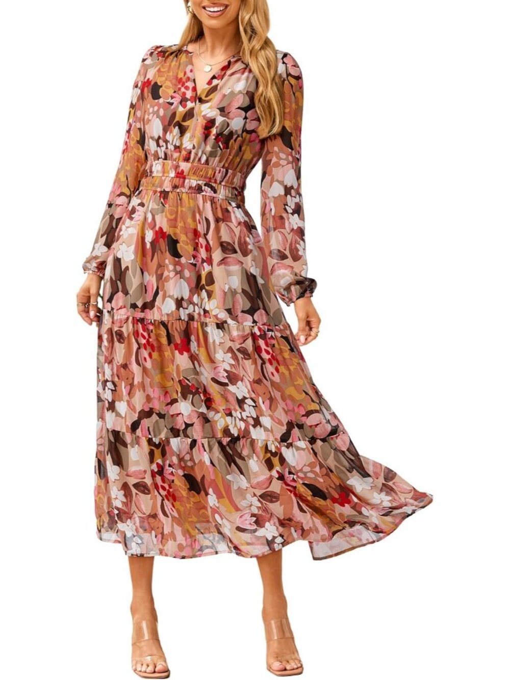 Women's Light Pink Floral Boho V Neck Long Sleeve Wedding Guest Maxi Dresses